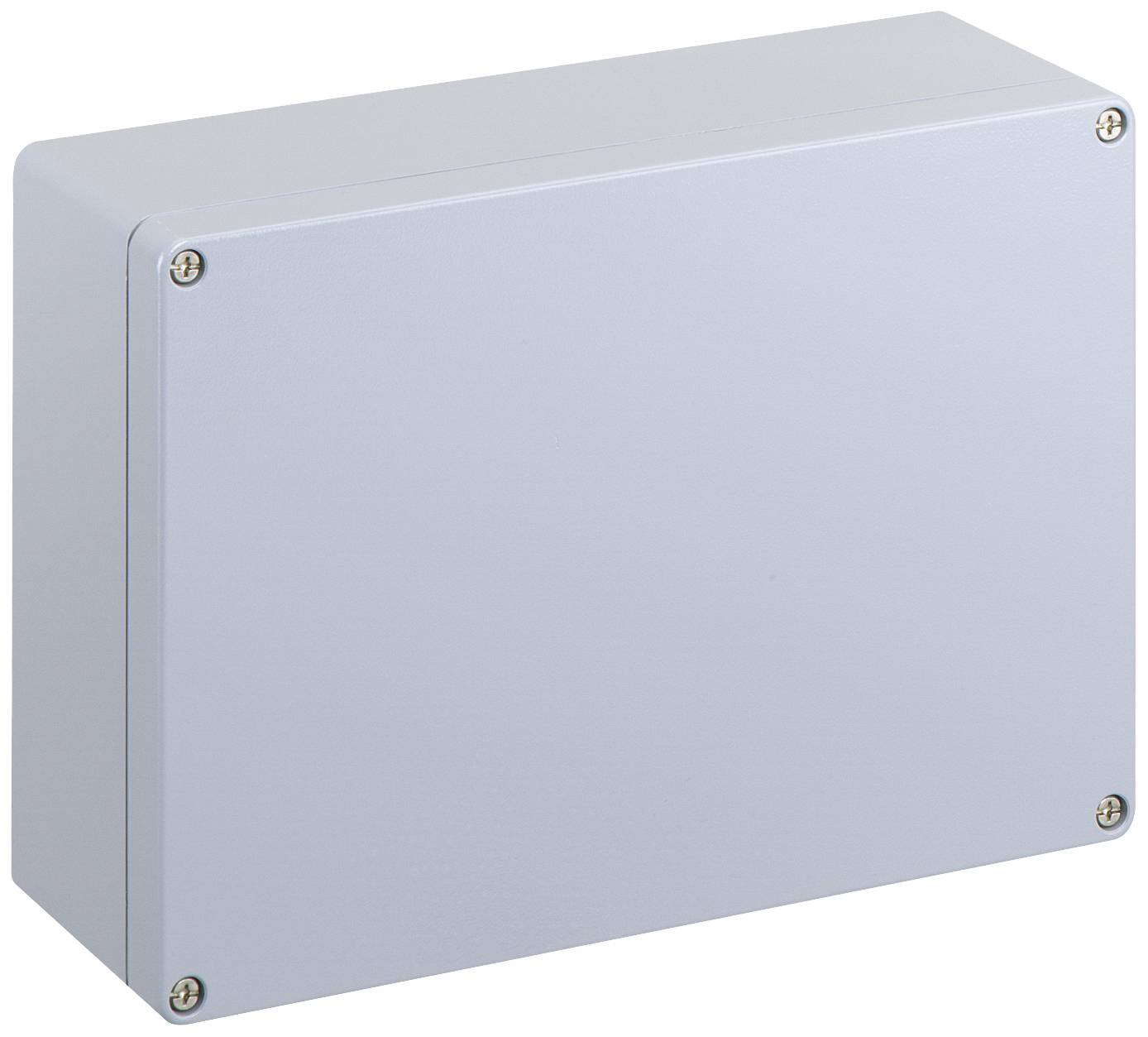 Boîte rectangulaire gris-blanc en métal, fixée avec quatre vis à chaque angle.