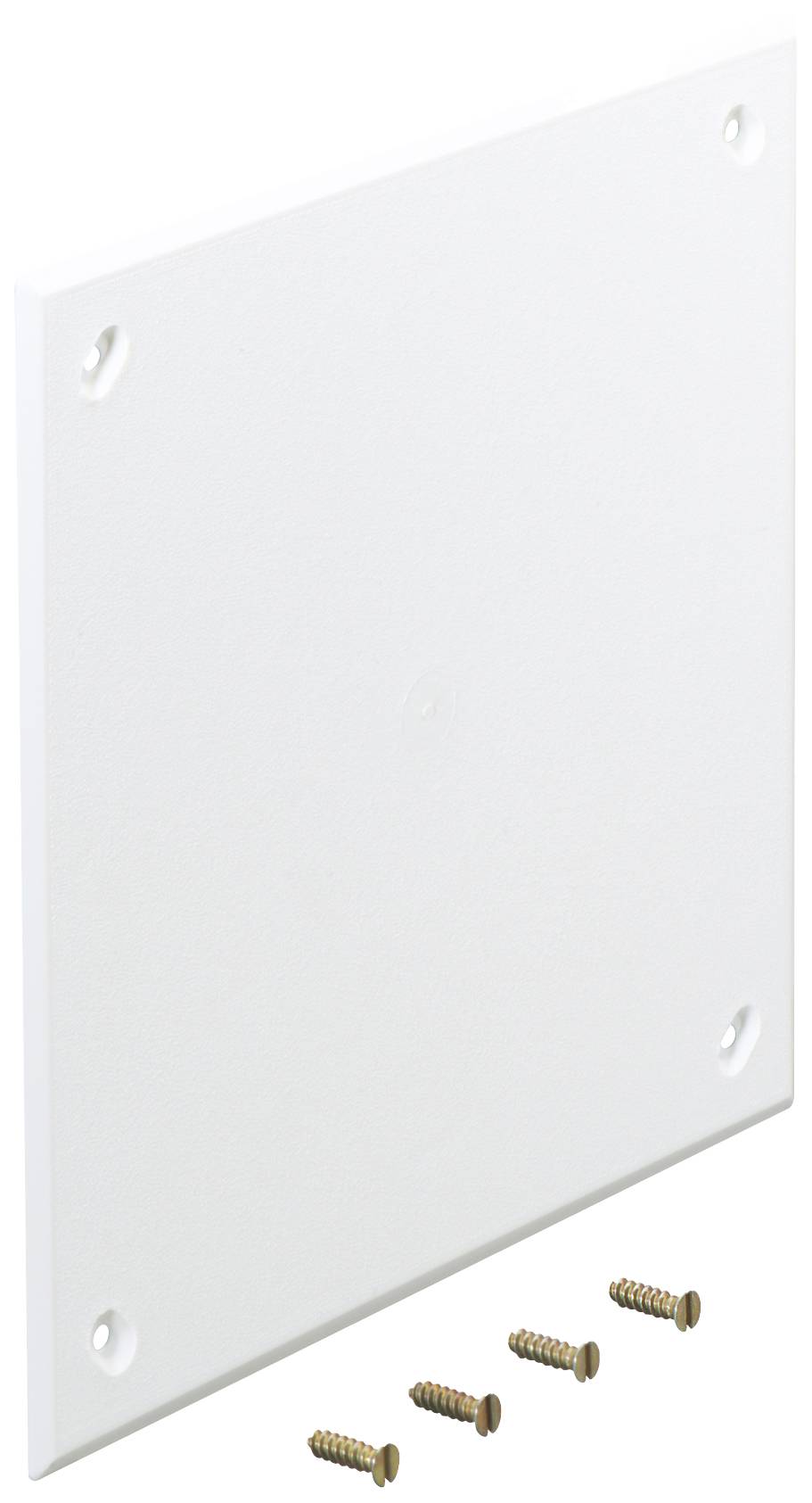 Plaque en plastique blanc, carrée, avec quatre vis en dessous.