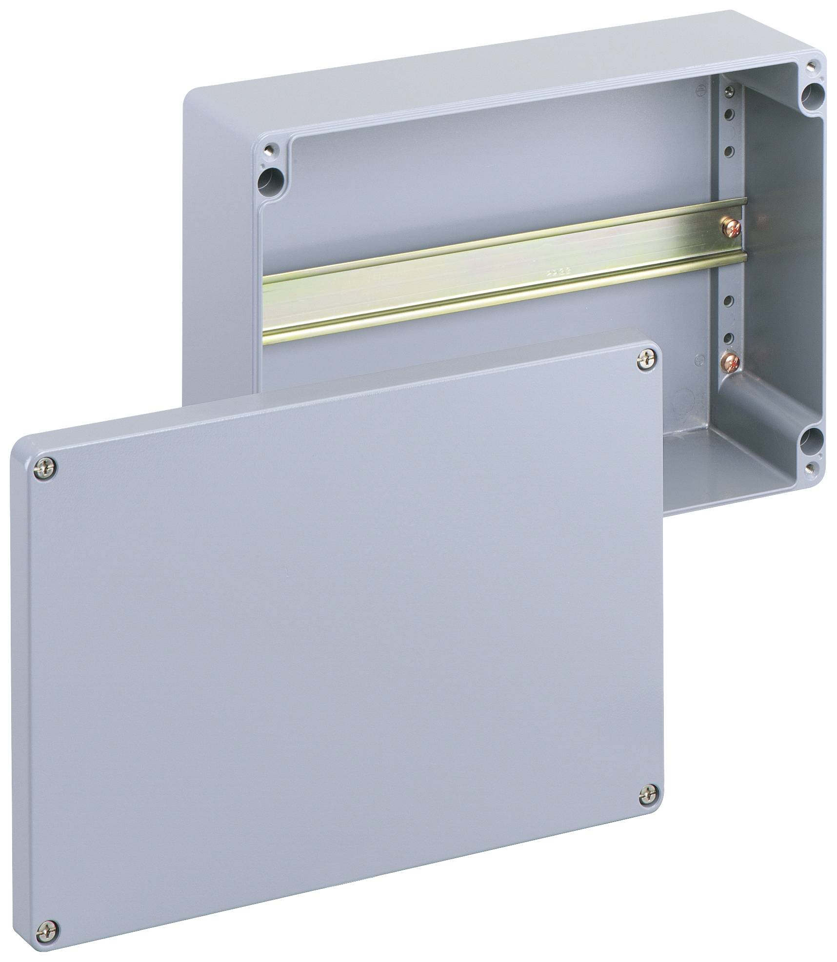 Un boîtier rectangulaire gris en plastique avec un couvercle amovible, équipé à l'intérieur d'un rail métallique pour la fixation.