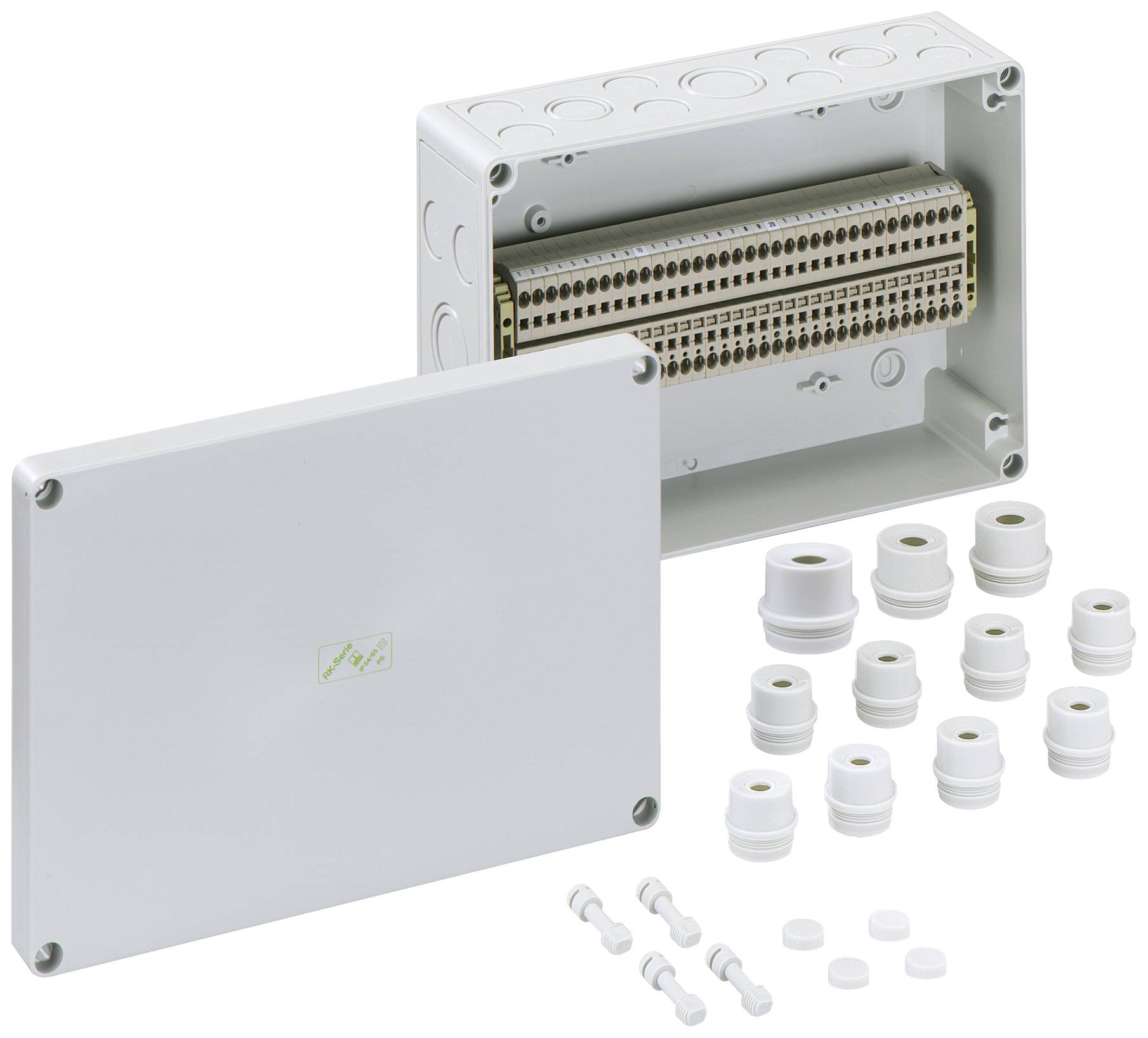 Boîte rectangulaire avec un couvercle amovible, au-dessous se trouvent des bornes pour les connexions électriques. À côté, plusieurs joints d'étanchéité.