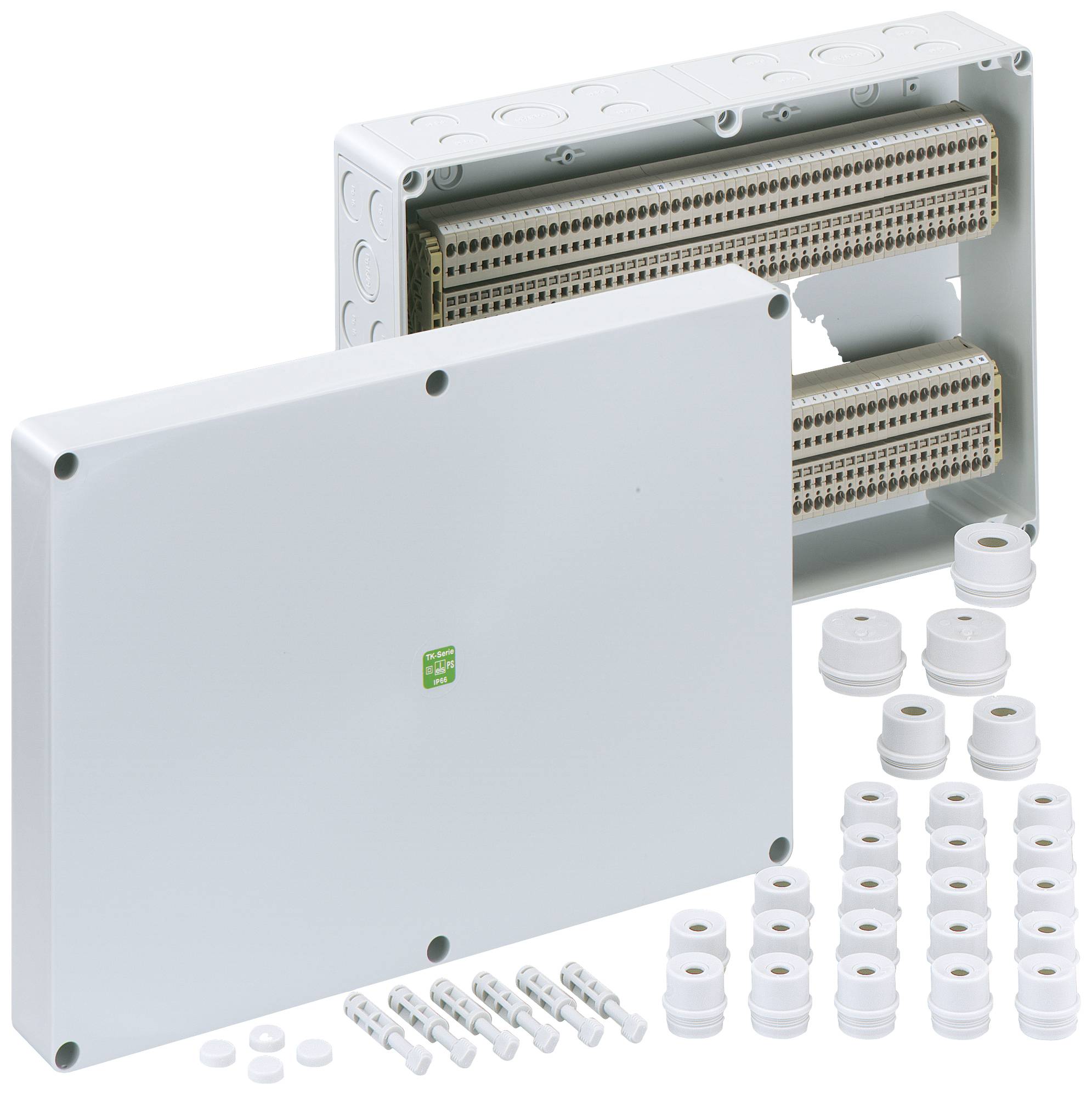 'Boîte de raccordement de télécommunications avec couvercle, entrées de câbles et connexions enfichables, adaptée pour un montage mural.'