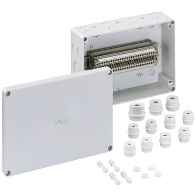 Boîtier en plastique avec couvercle retiré, montrant la barrette de bornes intérieure. Différents passages de câbles situés à l'extérieur.