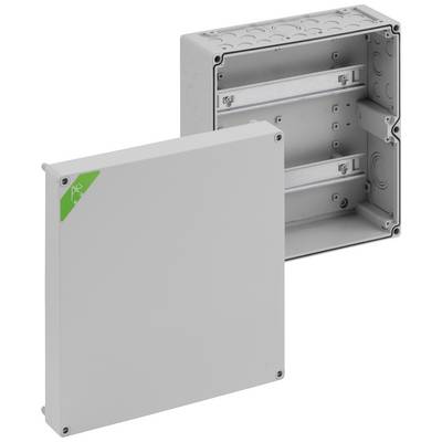 Boîtier en plastique gris avec une étiquette verte, partiellement ouvert, montrant la structure interne destinée à accueillir des composants électriques.