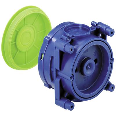 Un composant en plastique bleu avec un couvercle vert amovible, probablement un élément d'une installation ou d'une machine, en gros plan.