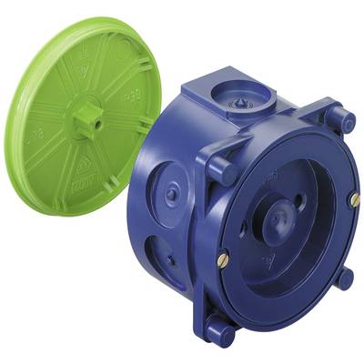 Couverture verte à côté d'un boîtier cylindrique bleu avec des ouvertures rondes, probablement pour des installations électriques.