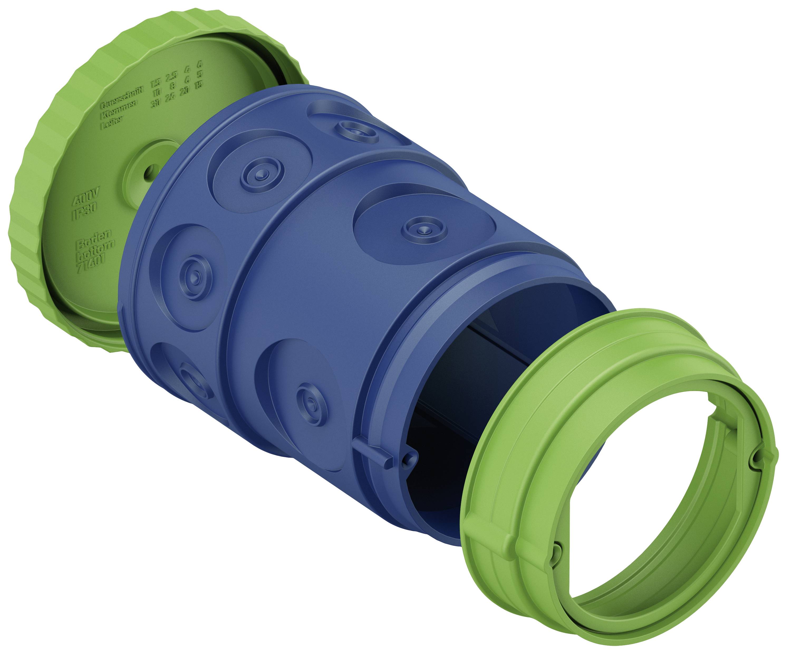 Raccord en plastique bleu et vert, adapté aux systèmes de tuyauterie. Structure annulaire détaillée visible sur la surface bleue.