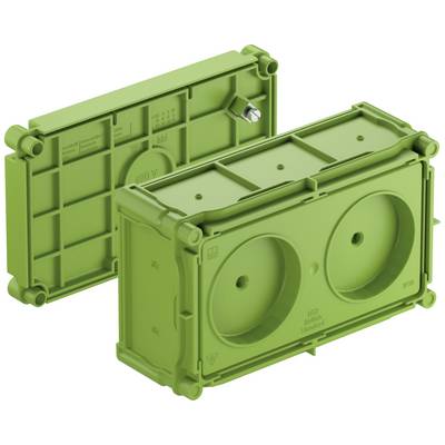 Boîte d'encastrement double verte pour installations électriques, vue avant et arrière, montrant les détails de connexion et les éléments de fixation.