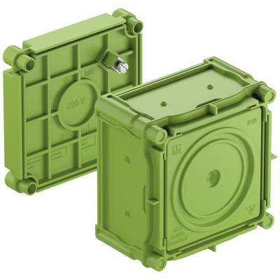 Boîtier ou couvercle en plastique vert, de forme carrée, utilisé pour des applications électriques, muni d'un couvercle supplémentaire.