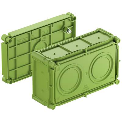 Deux contenants rectangulaires en plastique vert avec des couvercles amovibles et des cavités circulaires sur un côté, probablement destinés à des installations électriques.