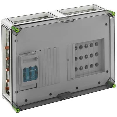Un boîtier de sécurité transparent avec plusieurs emplacements et des câbles en cuivre sur les côtés, marqués de repères verts.