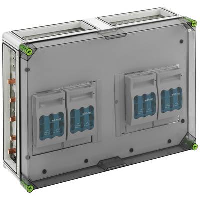 Boîtier de distribution transparent avec deux fusibles électriques et bornes de raccordement, adapté aux applications industrielles.