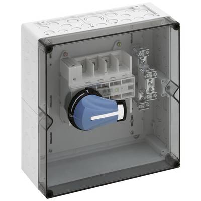 Un interrupteur électrique dans un boîtier gris avec un couvercle transparent. L'interrupteur est bleu et indique un état marche/arrêt.