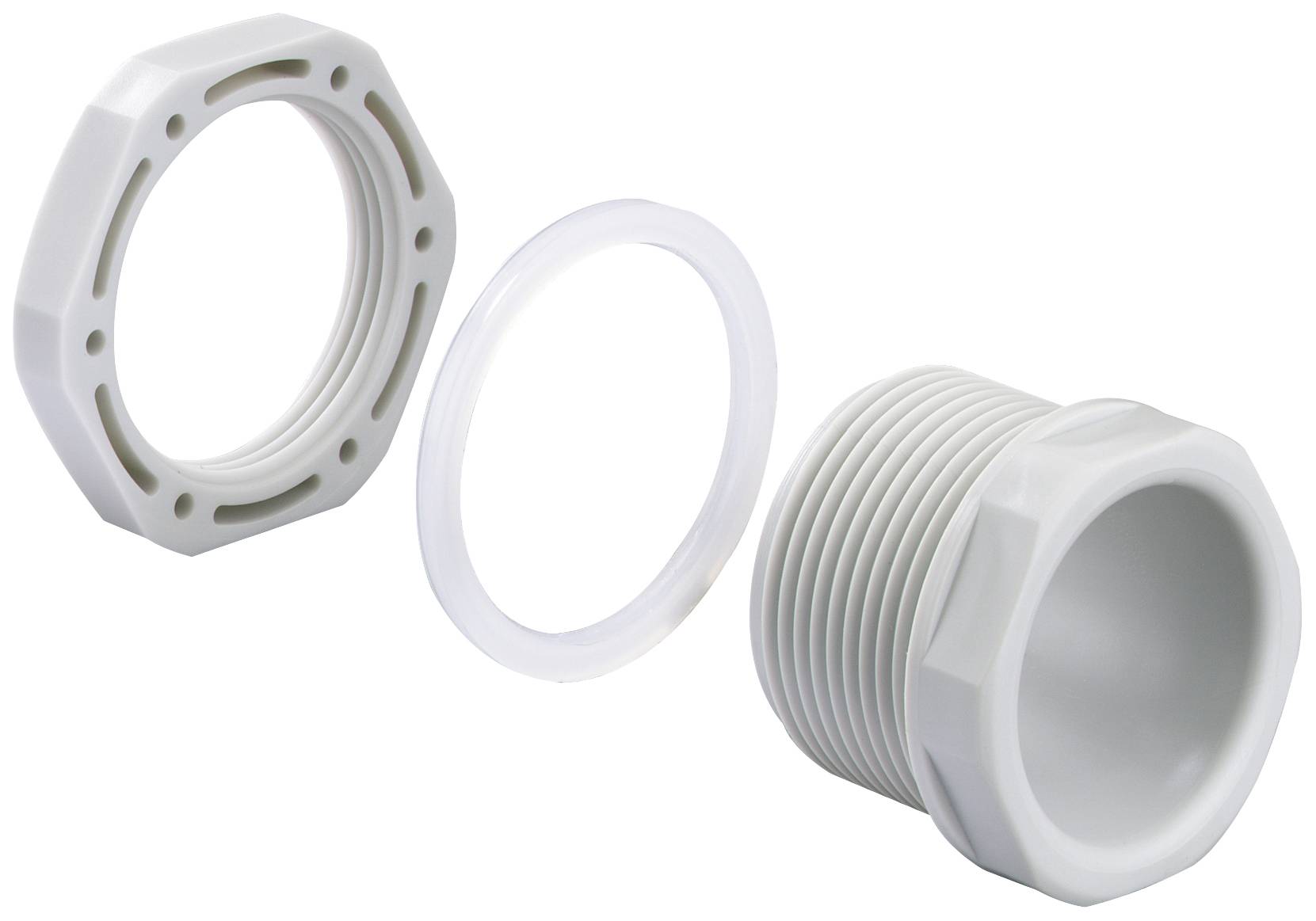 'Deux pièces en plastique blanc avec filetage et joint d'étanchéité au milieu, probablement destinées à des raccordements de tuyaux.'