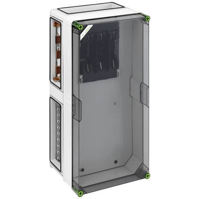 Une armoire électrique transparente avec des ouvertures de ventilation latérales et un intérieur visible, adaptée aux composants électroniques.