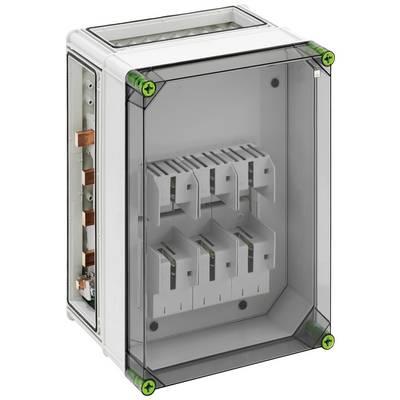 Boîte de distribution transparente en plastique avec système de distribution électrique interne, comprenant trois barres de cuivre verticales sur la gauche. Convient pour les installations électriques.
