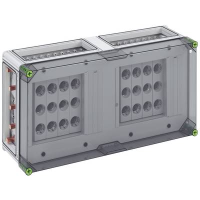 Boîtier en plastique transparent, de forme rectangulaire, avec des ouvertures rondes sur la face avant et des connecteurs d'angle verts.