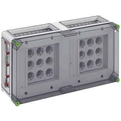 Un boîtier rectangulaire en plastique transparent avec plusieurs ouvertures et des connexions à vis aux angles, adapté pour les modules électroniques.