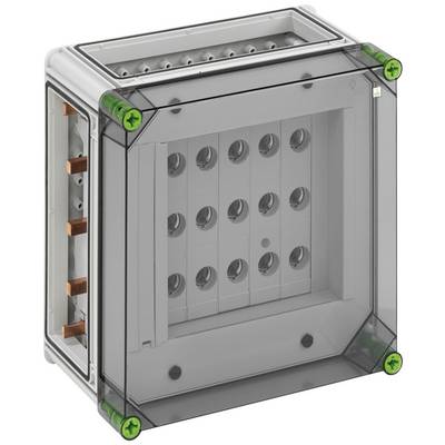 Boîte de distribution transparente avec des vis de fermeture vertes aux coins, adaptée pour la connexion de câbles électriques et leur protection.