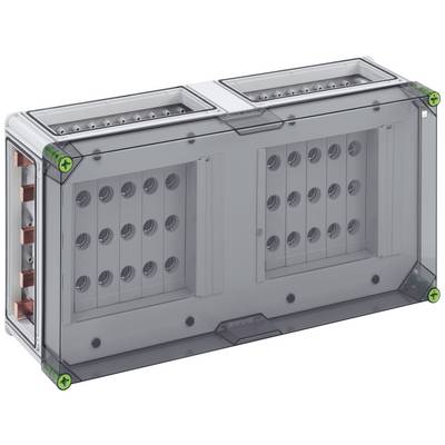 Boîtier de classe de protection IP66 avec couvercle transparent, présentant deux rangées de bornes de connexion, pour applications électriques industrielles.