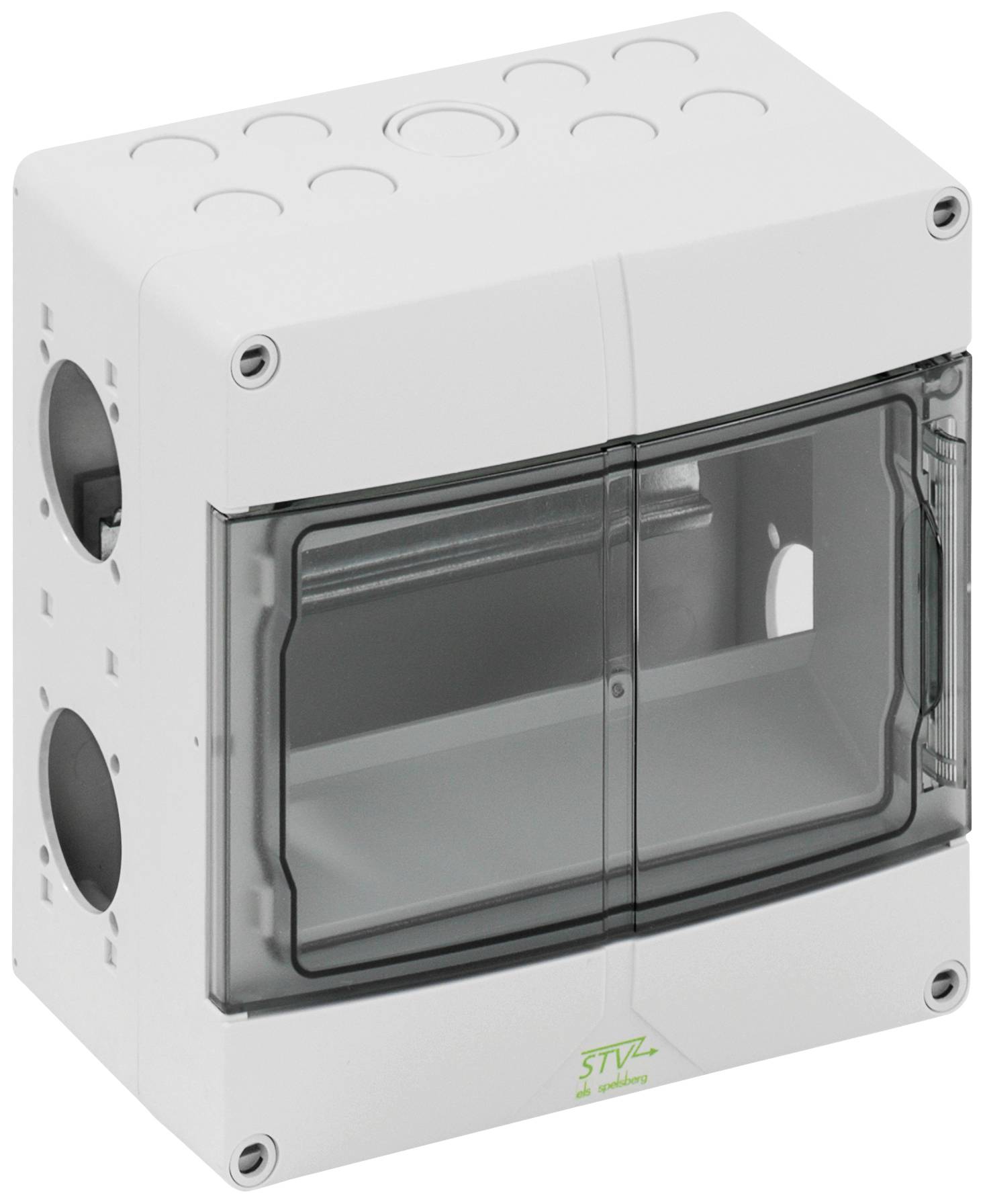 Petit boîtier de protection électrique gris en plastique, doté d'un couvercle transparent et de trous latéraux pour les connexions de câbles.