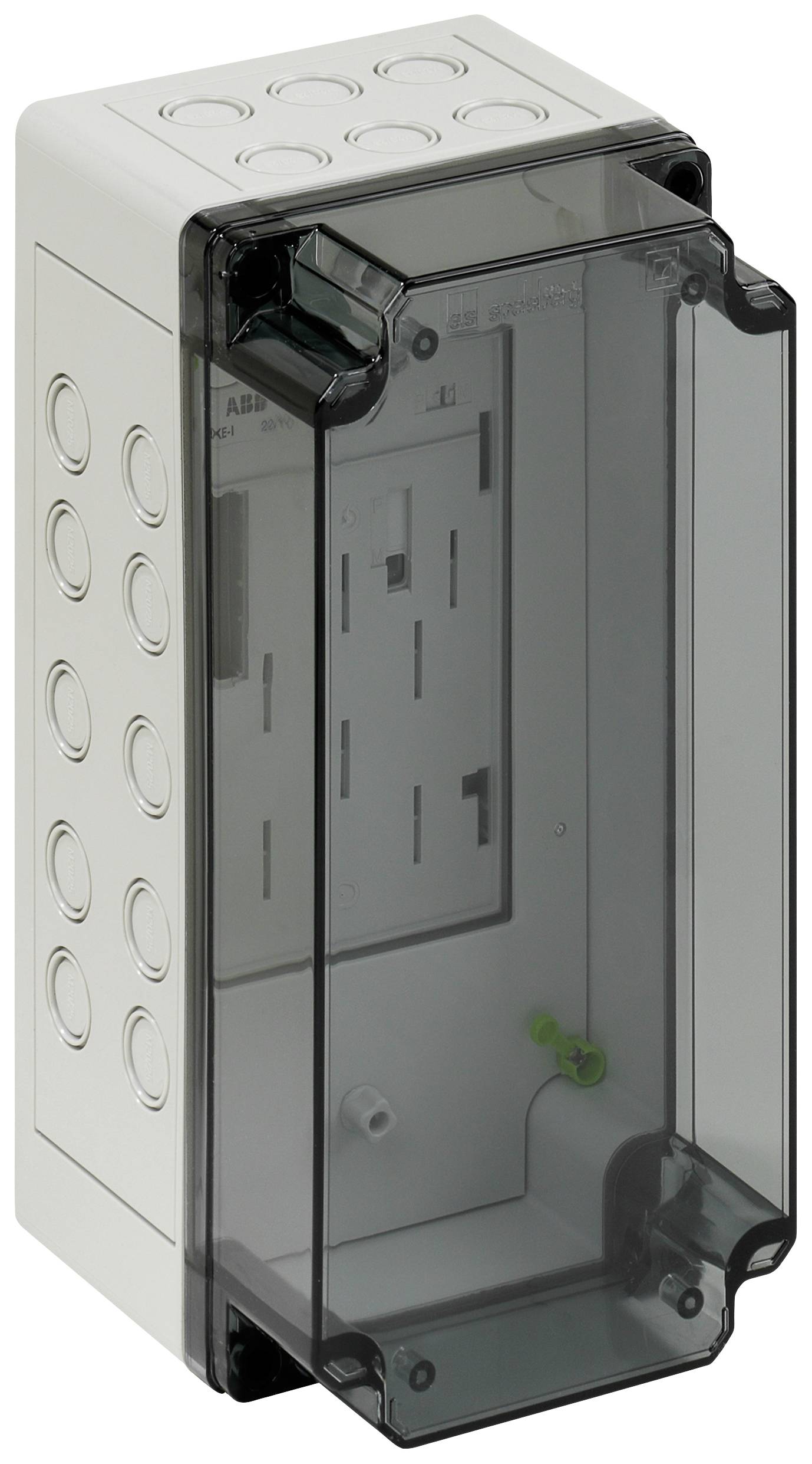 Armoire électrique rectangulaire avec un couvercle transparent et plusieurs ouvertures d'accès sur les côtés.