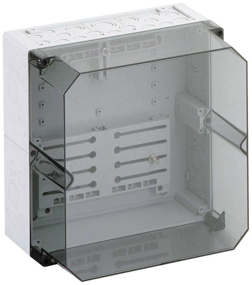 Boîtier en plastique transparent, ouvert et présenté, avec plusieurs possibilités de passages de câbles sur les côtés, idéal pour les installations électroniques.