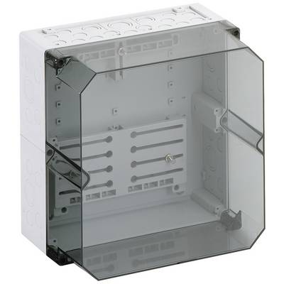 Boîtier en plastique transparent, ouvert et présenté, avec plusieurs possibilités de passages de câbles sur les côtés, idéal pour les installations électroniques.
