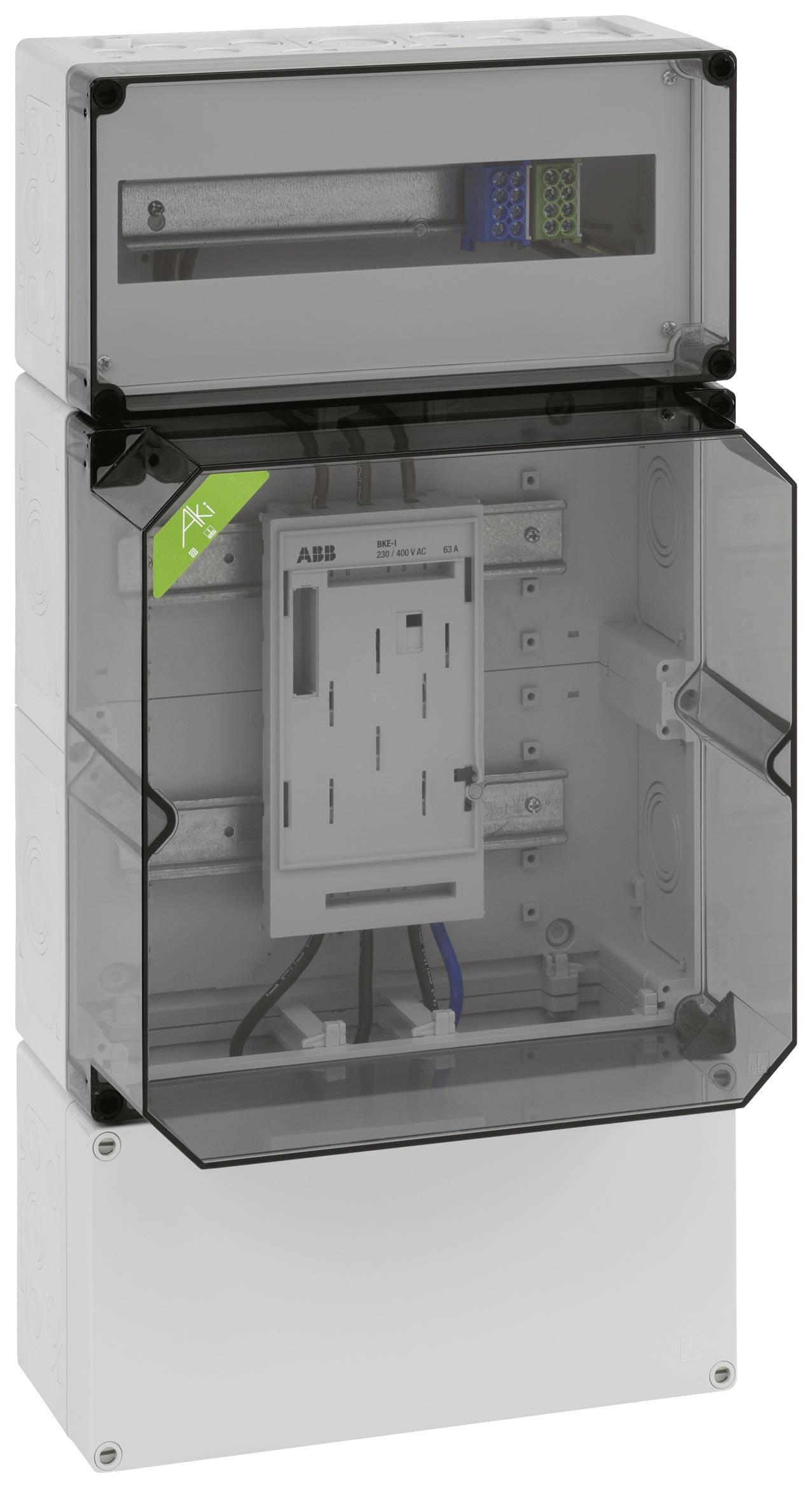 Armoire électrique avec couvercle transparent et plusieurs connexions. Des câbles de couleurs codées sont visibles en haut, avec une unité de commande ABB en bas.