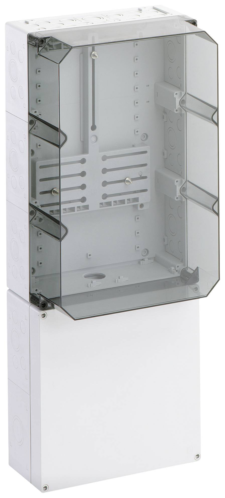 Un boîtier électrique vide, vertical, avec un couvercle transparent, adapté au montage de composants électriques.