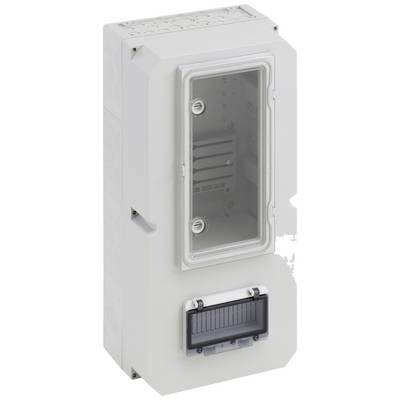 Un boîtier gris rectangulaire qui pourrait être un dispositif électrique ou un équipement de protection, doté d'une fenêtre transparente.