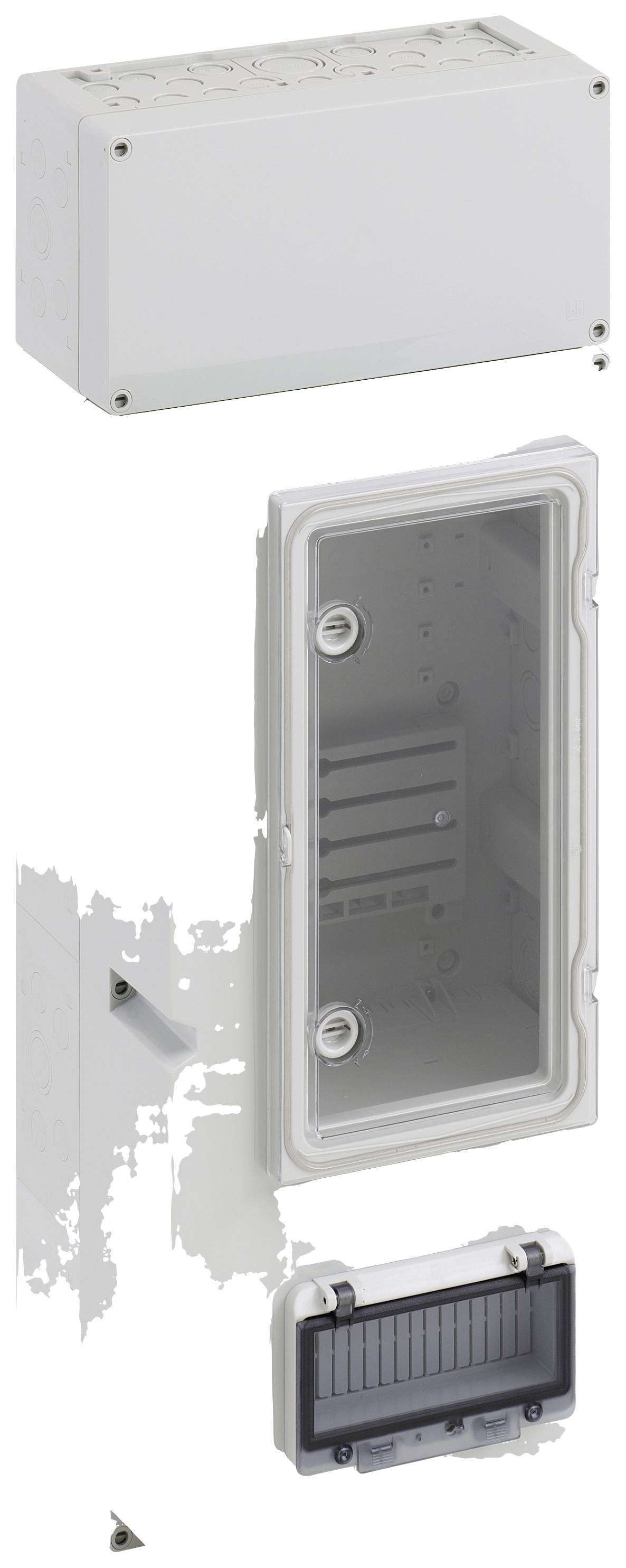 Boîte blanche rectangulaire avec capot frontal amovible et fenêtre transparente. Adaptée au rangement de composants techniques.