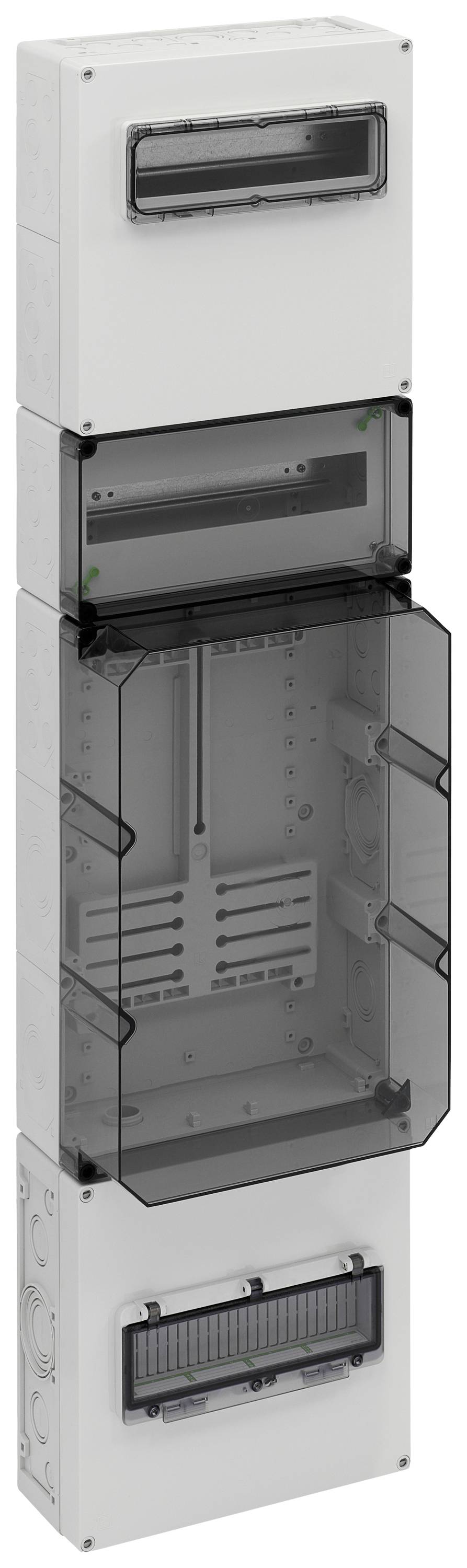 Un boîtier modulaire gris avec plusieurs compartiments ouverts et fermés, adapté aux applications industrielles ou électriques.