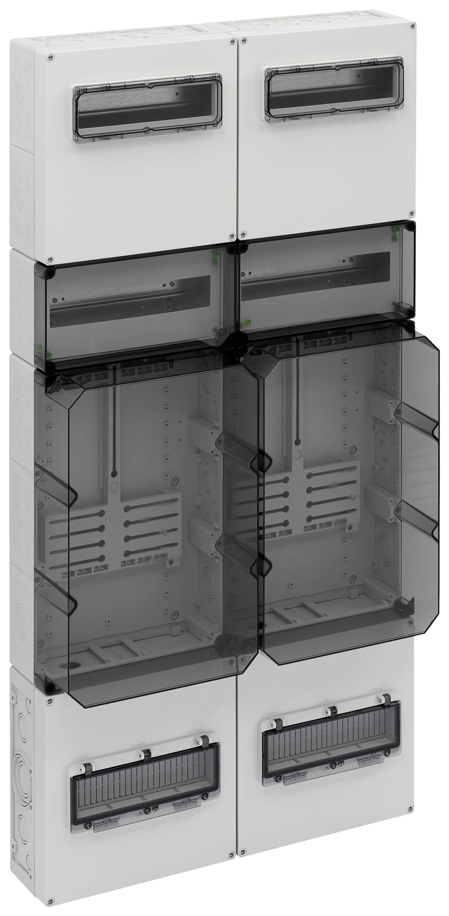 Un système d'armoire électrique modulaire avec des couvercles transparents, comportant plusieurs compartiments, adapté aux installations électriques et aux fusibles.