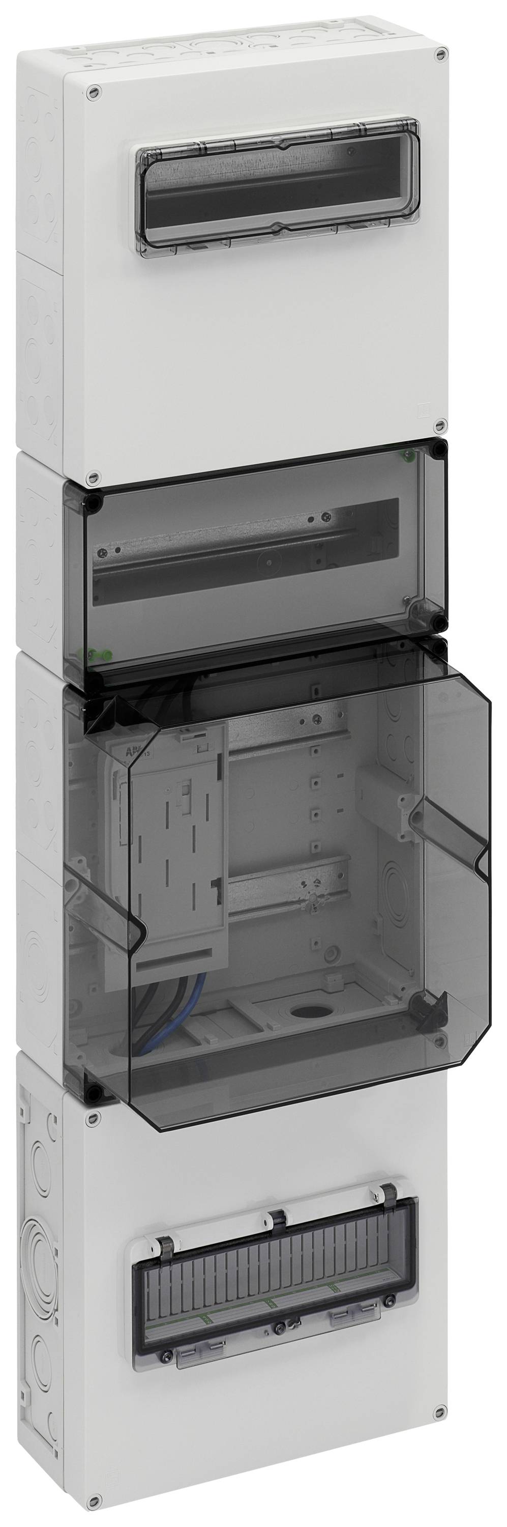 Un boîtier de distribution empilable en plastique, partiellement ouvert, montrant des canaux de câblage internes et des couvercles, adapté aux installations modulaires.