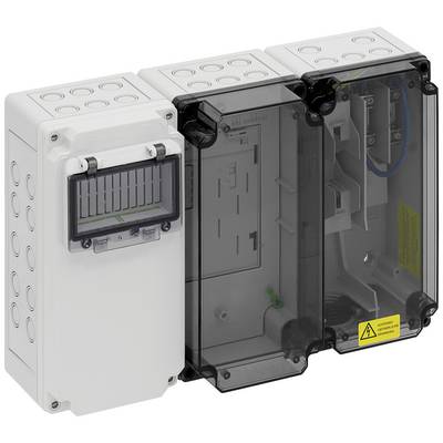 Un boîtier électrique blanc avec des bornes de passage et un couvercle transparent permettant de voir les éléments internes ; symbole d'avertissement 'Attention'.