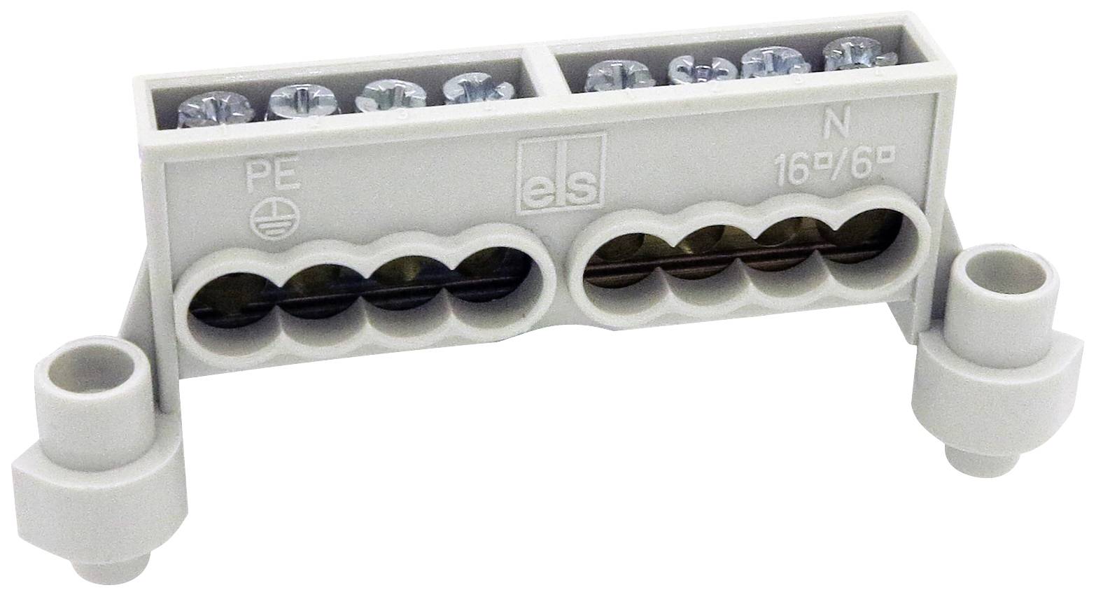 Barrette de connexion à six bornes, marquée 'PE' et 'N', pour le raccordement de lignes électriques.
