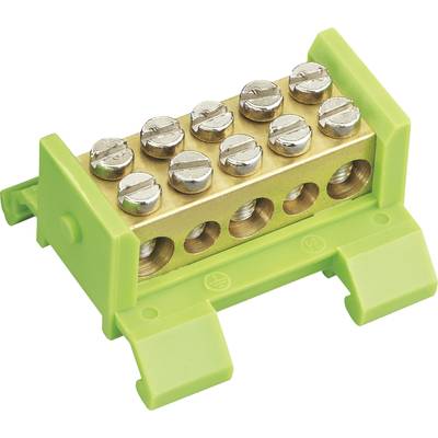 Un bloc de distribution de terre vert avec un alliage métallique doré et plusieurs bornes à vis pour sécuriser les connexions électriques.