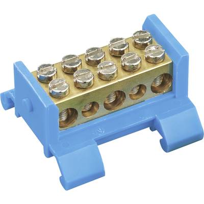 Bloc avec plusieurs connexions en laiton, fixé sur un support bleu. Souvent utilisé pour des connexions électriques.