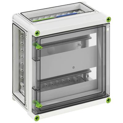 Boîtier de distribution électrique en plastique avec couvercle transparent, deux rangées de fusibles à l'intérieur, vis vertes aux angles.