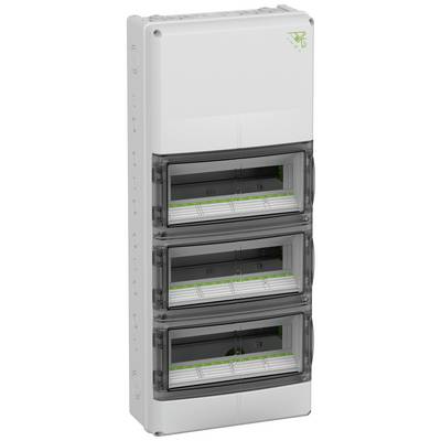 Un boîtier de distribution électrique vertical avec trois couvercles transparents, chacun comportant plusieurs emplacements pour composants électriques.
