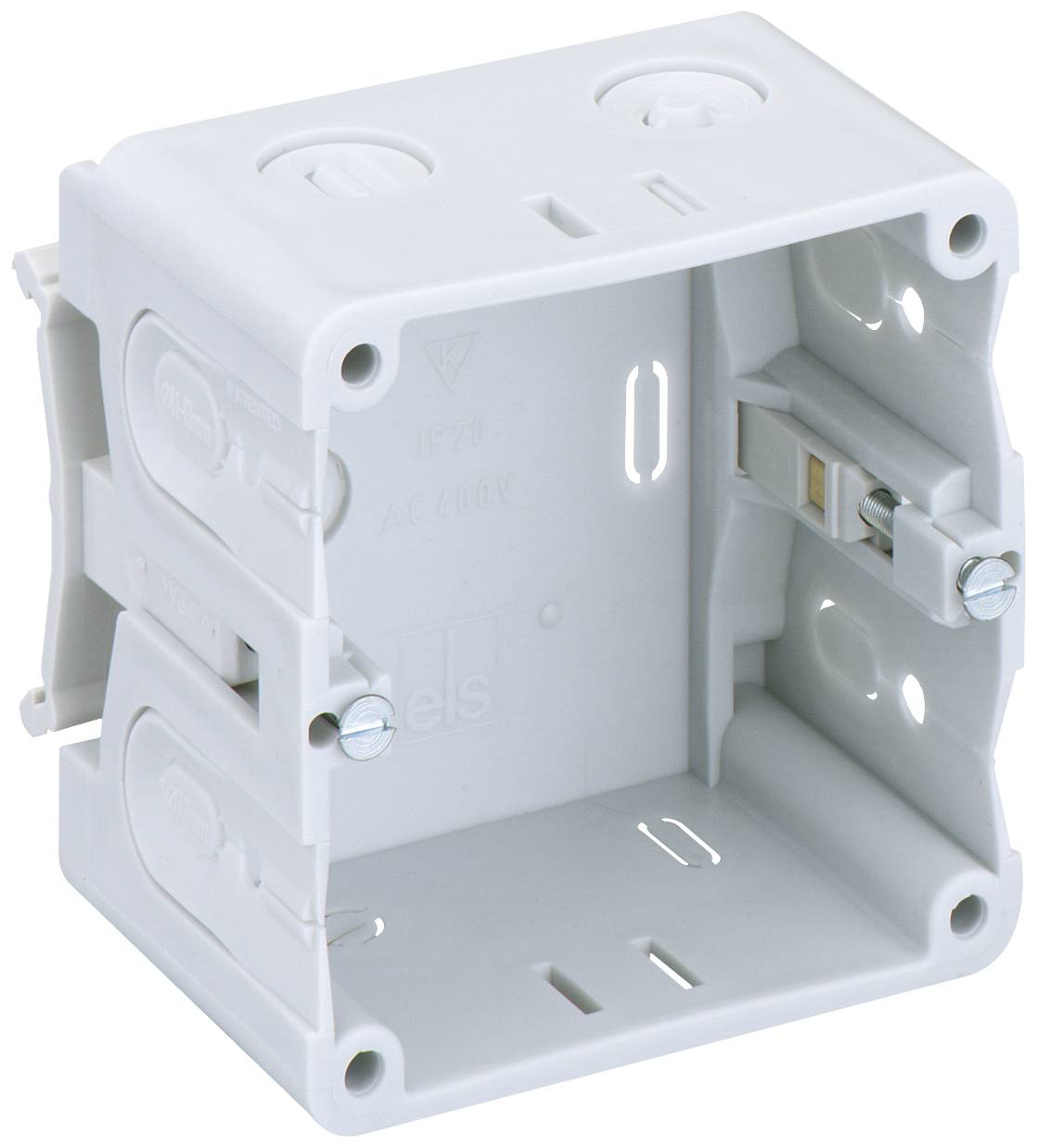 Boîte de dérivation vide et blanche, encastrable, avec des ouvertures latérales et des fixations à vis, adaptée pour l'installation électrique dans les murs.