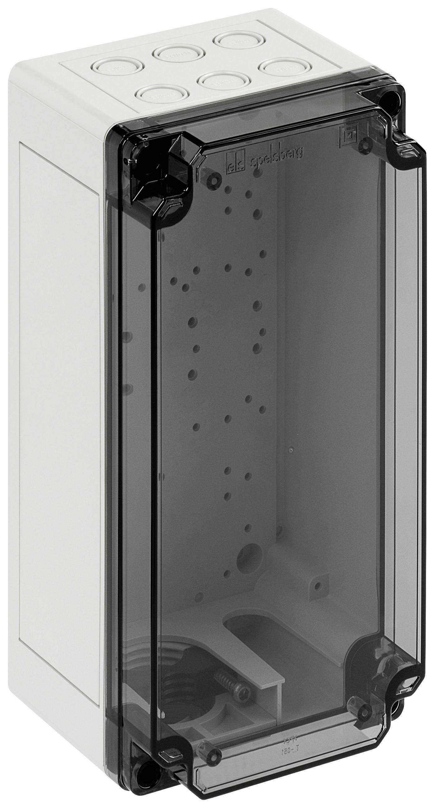 Un boîtier rectangulaire en plastique gris avec un couvercle transparent. Il comprend des trous de fixation et plusieurs ouvertures circulaires sur le dessus.