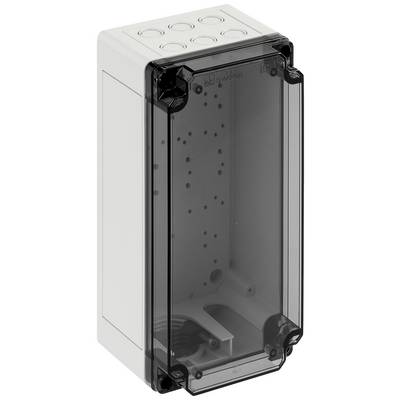 Un boîtier rectangulaire en plastique gris avec un couvercle transparent. Il comprend des trous de fixation et plusieurs ouvertures circulaires sur le dessus.