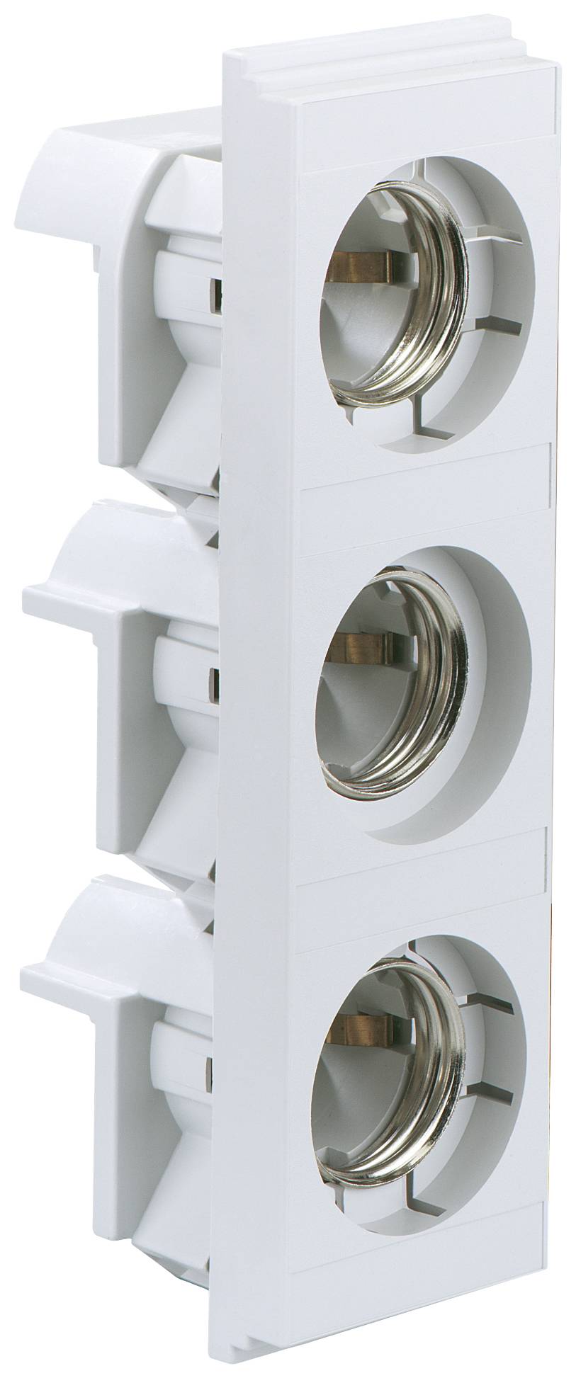 Support de lampe triple pour fixation verticale. Adapté aux ampoules à culot à vis. Boîtier blanc, contacts métalliques apparents.