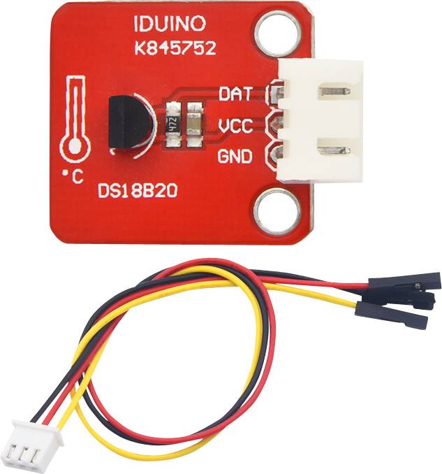 Module de capteur de température DS18B20 rouge avec l'étiquette 'IDUINO K845752'. Comprend des connexions pour DAT, VCC et GND. Câbles fournis.