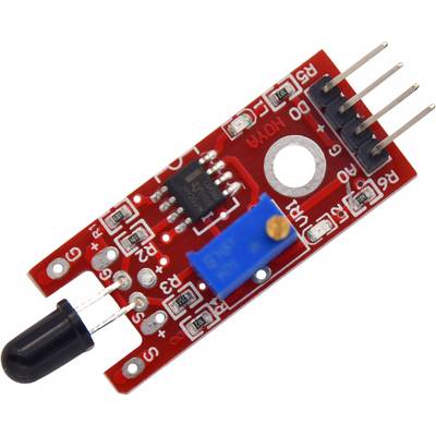 Un module IR avec un circuit imprimé rouge et un capuchon de réglage bleu, équipé de plusieurs broches et d'un capteur noir.