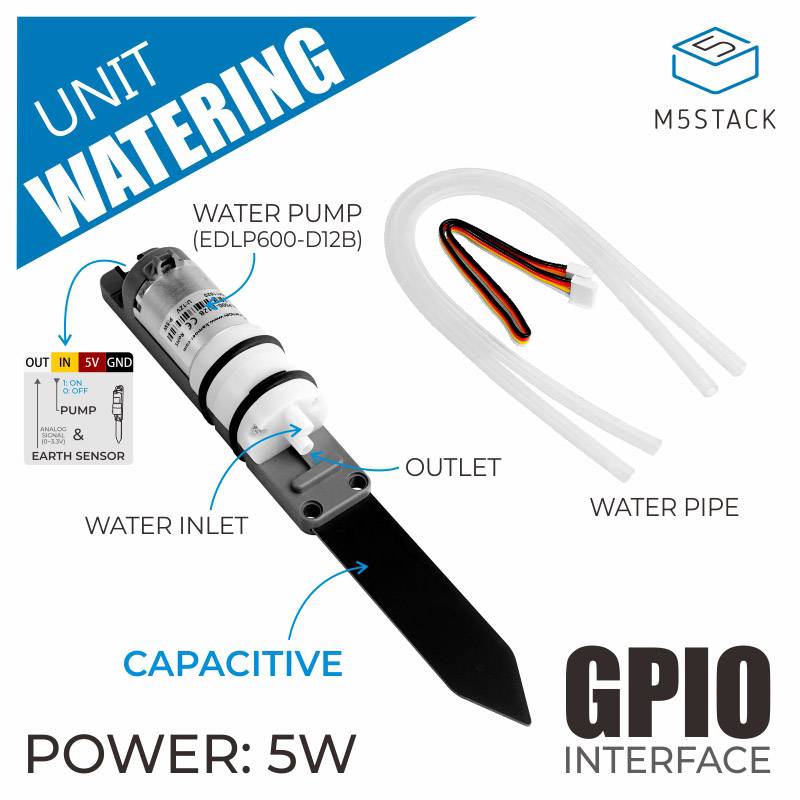 'UNIT WATERING' - Pompe à eau avec interface de sol et de capteur, entrée, sortie et conduite d'eau, puissance : 5W, interface GPIO.