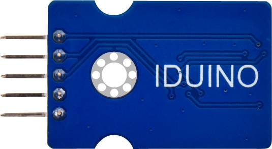 Module électronique bleu avec quatre broches courbées et une ouverture circulaire sur la gauche ; l'inscription 'IDUINO' est visible à droite.