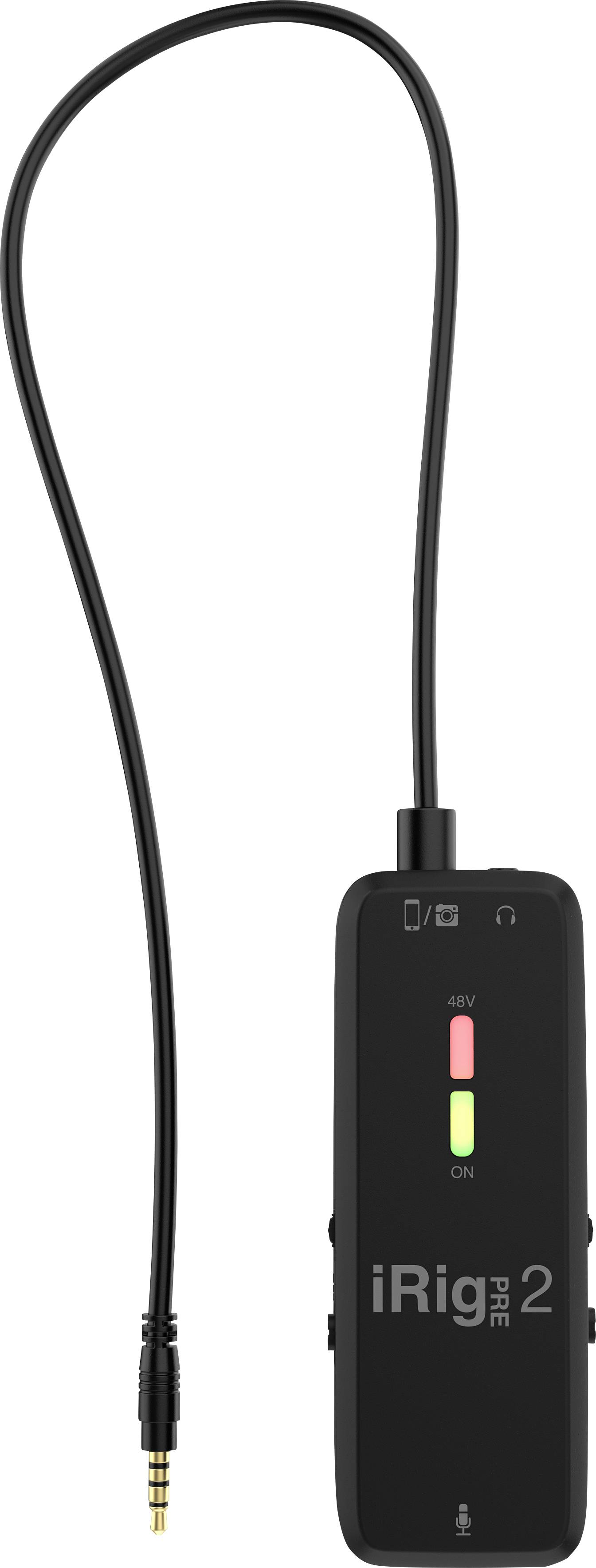 Adaptateur audio noir 'iRig Pre 2' avec câble, interrupteur marche/arrêt et indicateurs LED. Utilisé pour connecter des microphones aux smartphones.