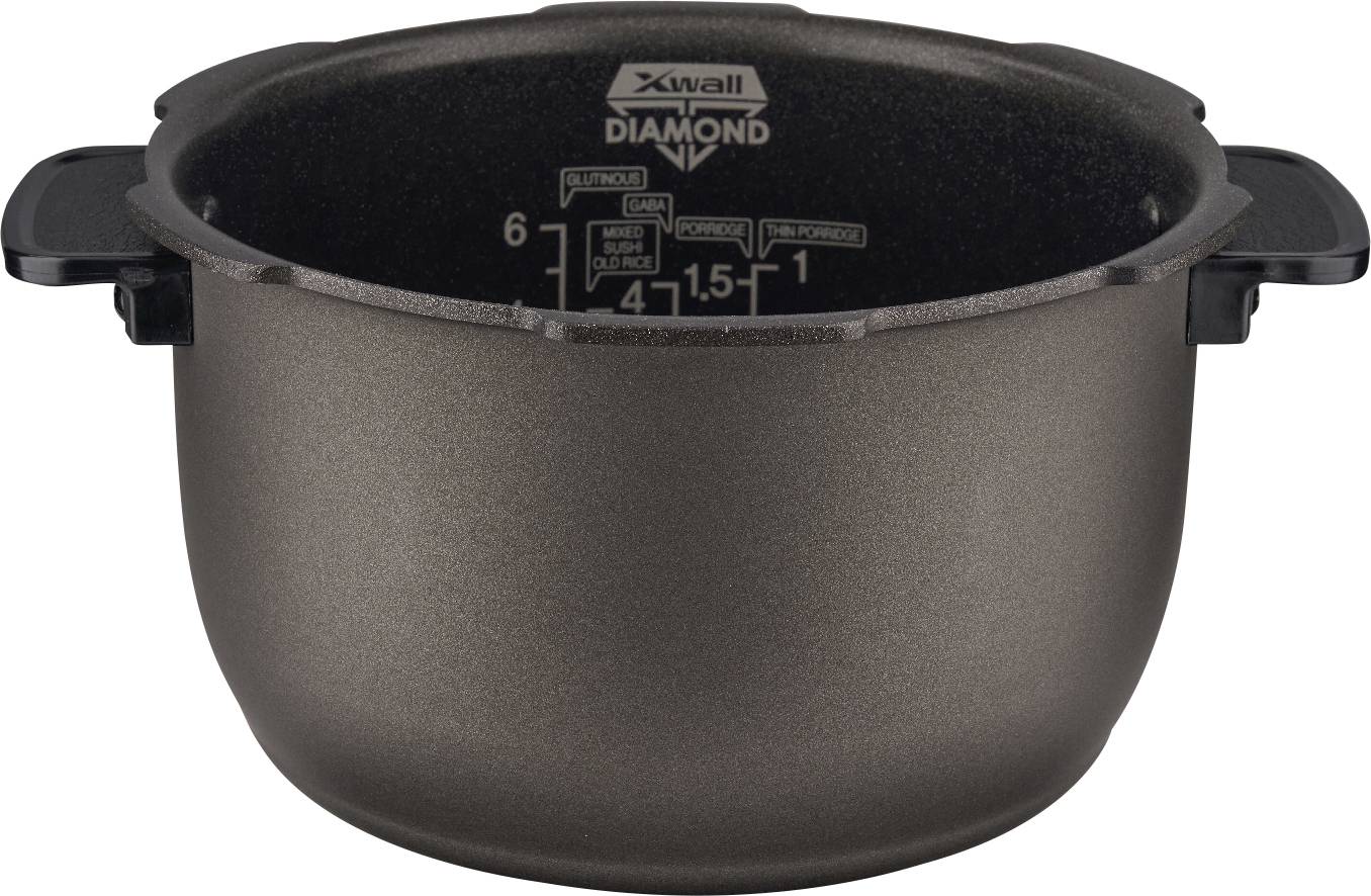 Une casserole brune avec des repères de mesure et des poignées noires. La casserole a un corps compact et rond, au design moderne.